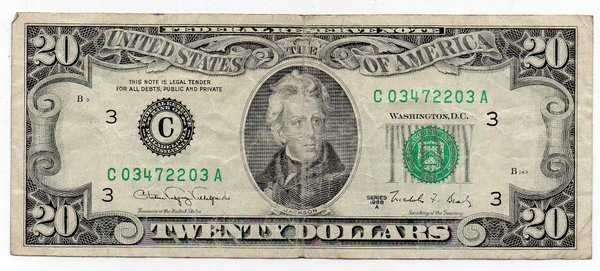 BL 1341 Amerika 20 Dollar Tahun 1988 Bekas pakai Tidak Lobang