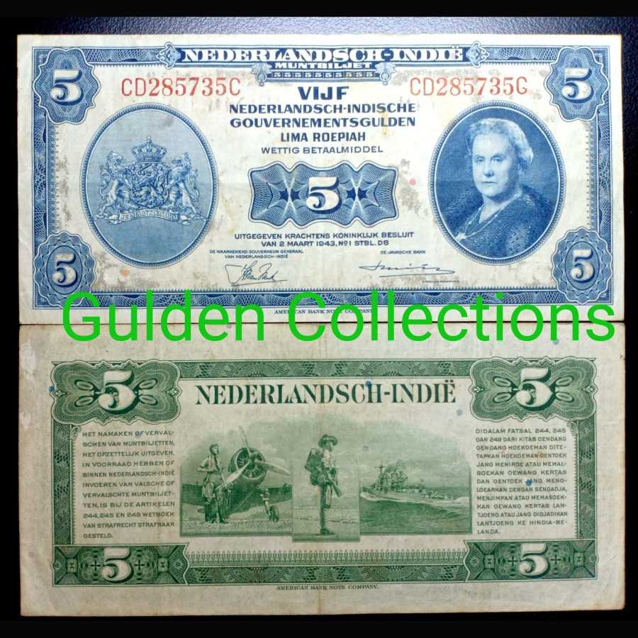 Uang Kuno Nica 5 Gulden Belanda Netherlands Indies 1943 VF+