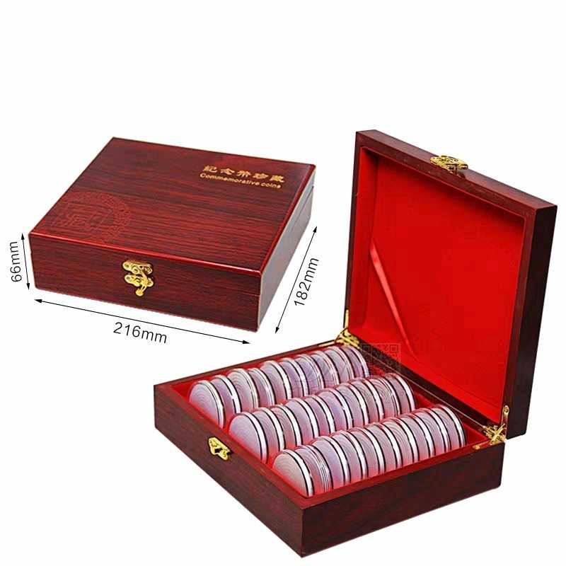 Box kayu merah 30 Kapsul koin bulat 46 mm busa 225 x 155 x 60 mm