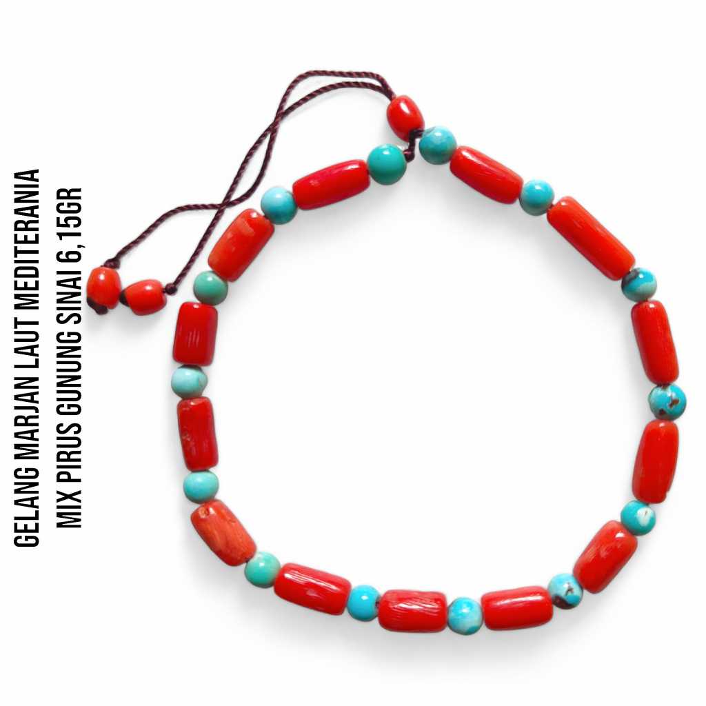 Gelang Marjan Corallium Rubrum Asli Laut Mediterania mix Pirus Turquoise Mesir Asli Gunung Sinai 6,15 Gram