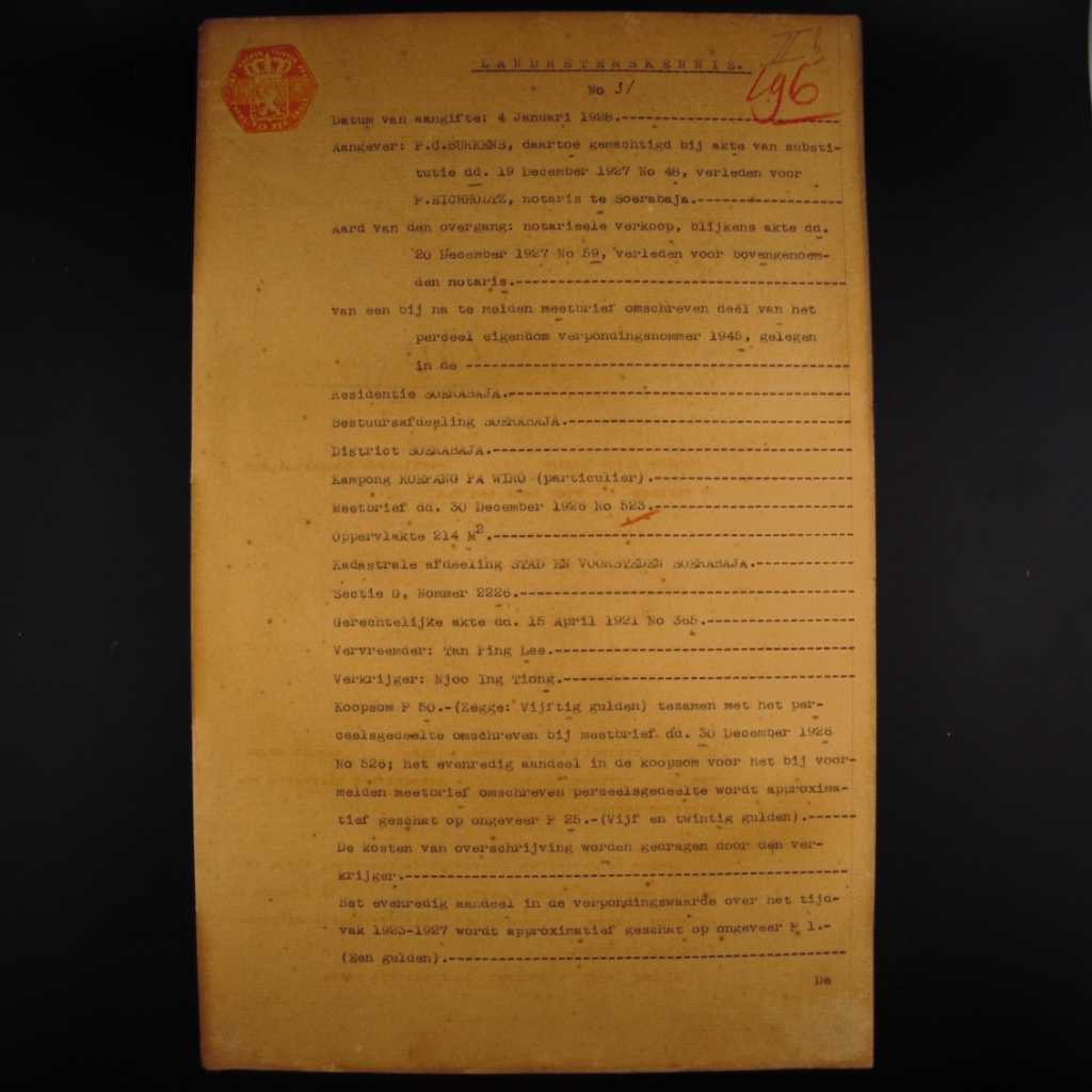 Koleksi Dokumen Akta Jual Beli Tanah Pemerintahan Hindia Belanda Kampung Kupang Pawiro Wilayah Surabaya Tanggal 18 Januari 1928 No 3