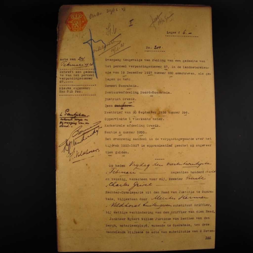 Koleksi Dokumen Akta Jual Beli Tanah Pemerintahan Hindia Belanda Wilayah Gresik Tanggal 24 Februari 1928 No 200