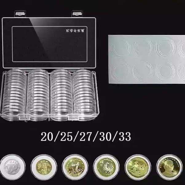 Pelindung koin Kapsul coin bulat 33 mm transparan busa box plastik