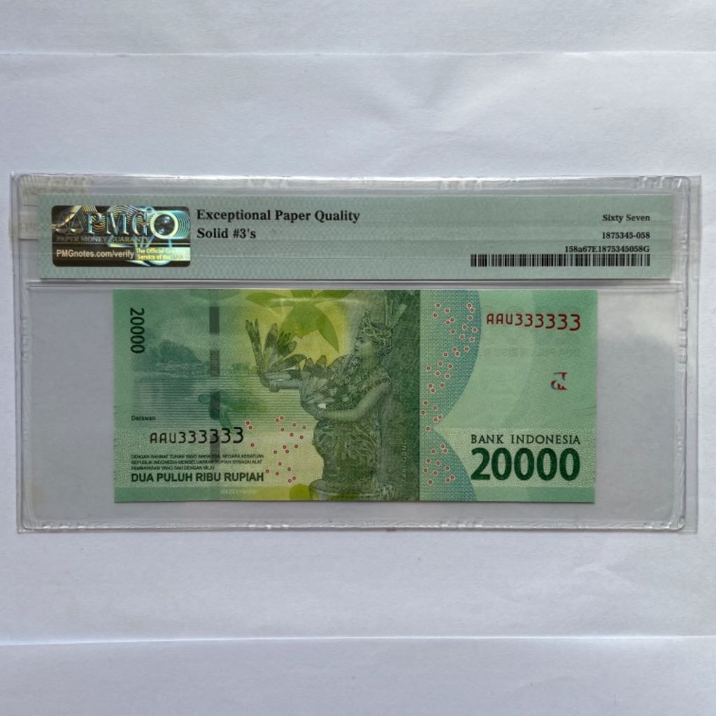 B147] Uang Bank Indonesia Rp. 20.000 2016 Seri AAU333333 PMG 67