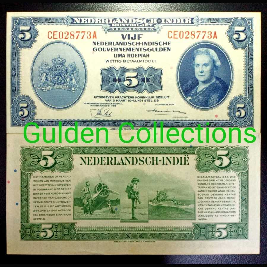Uang Kuno Netherlands Indies Nica 5 Gulden 1943 AU