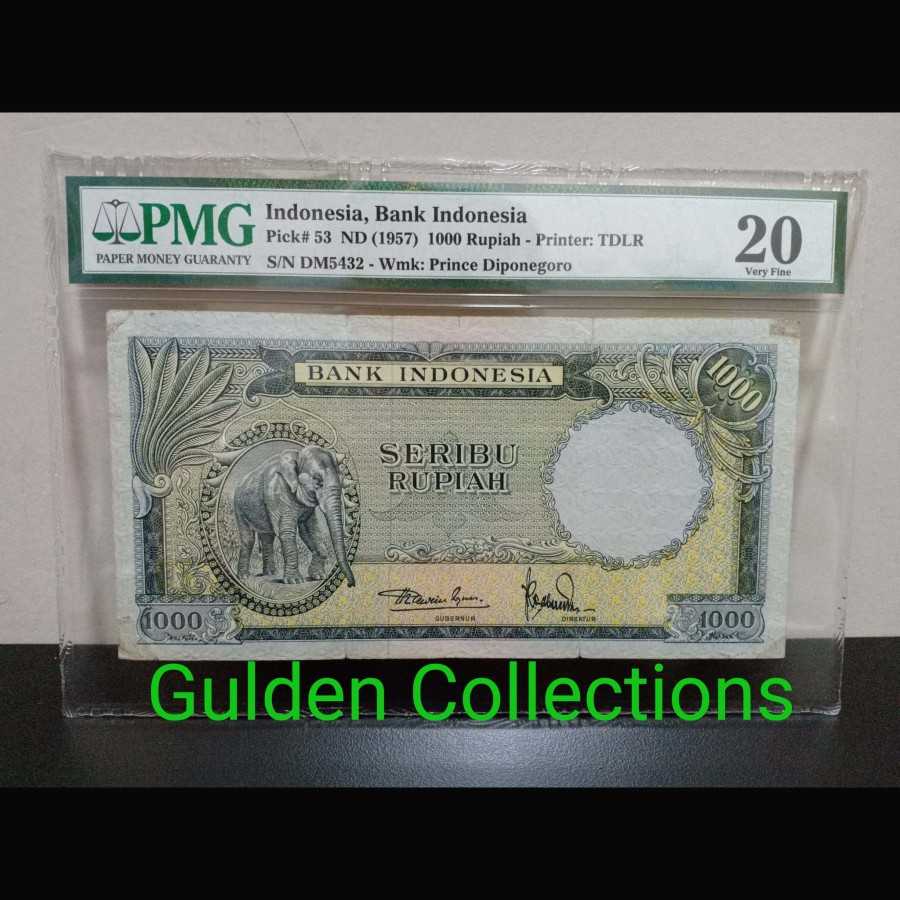 Indonesia 1000 Rupiah 1957 Seri Hewan Gajah Nomor Cantik 5432 PMG 20